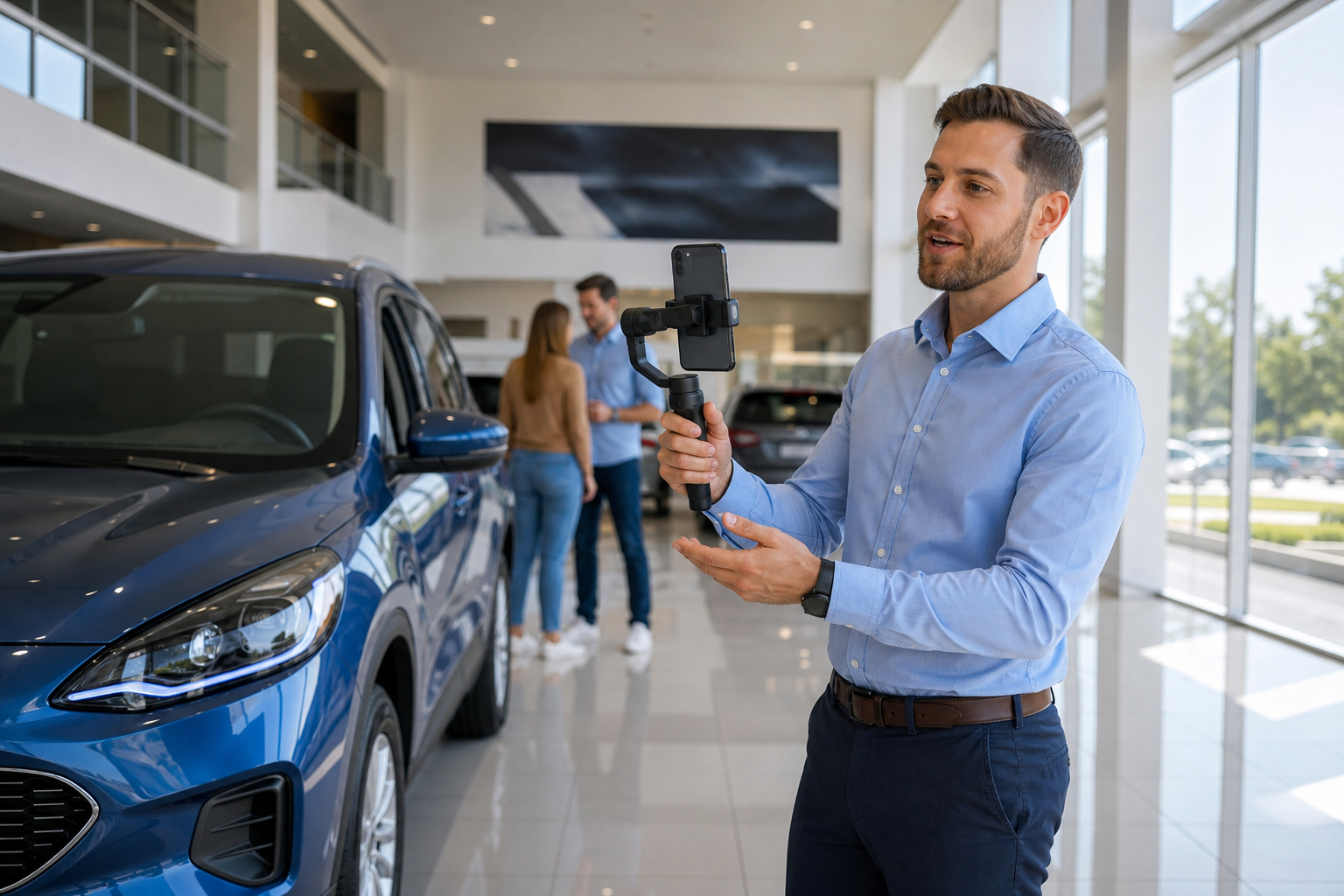 Salesperson filming vertical car video in bright dealership showroom