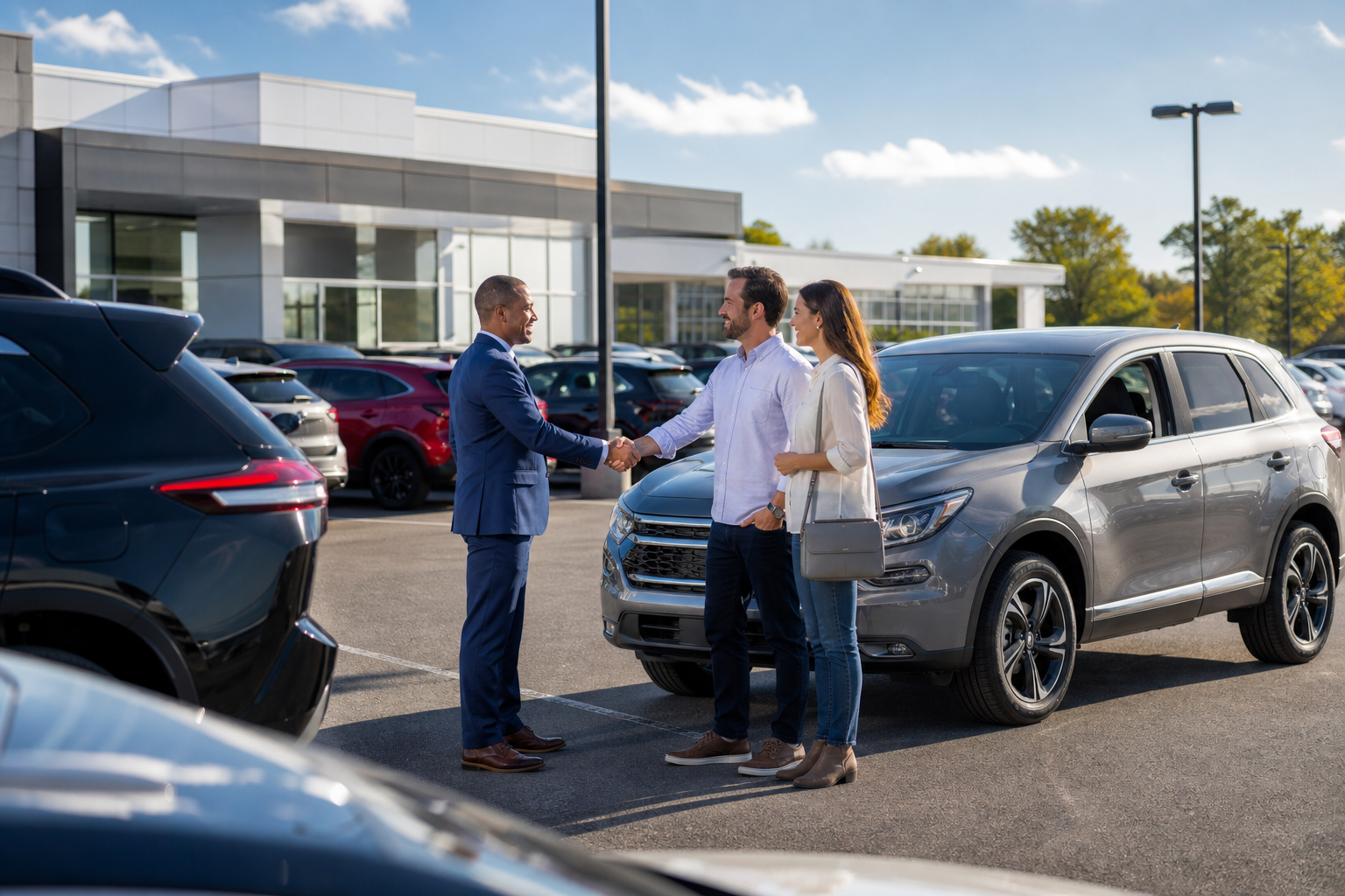 Dealership salesperson closing a deal with buyers on sunny car lot in 2026