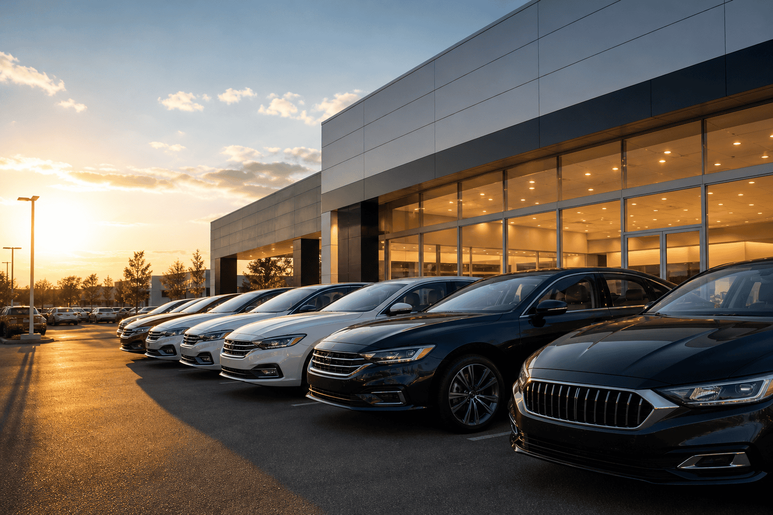 Modern car dealership exterior at golden hour with polished inventory vehicles