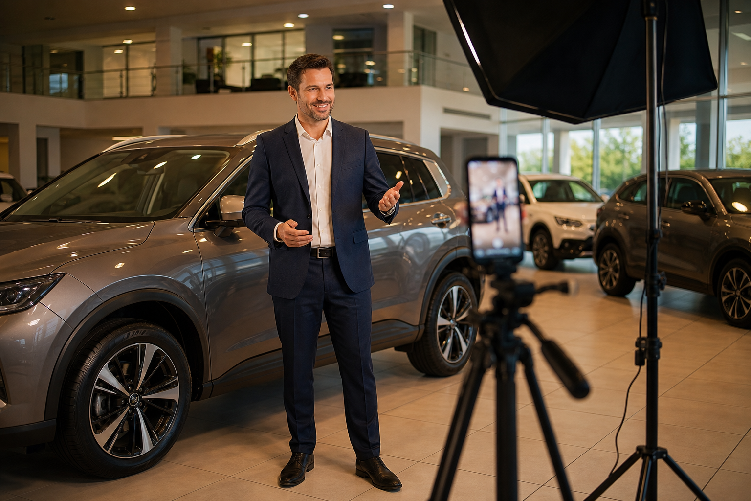Dealership sales team preparing a live Facebook Sales Event in showroom