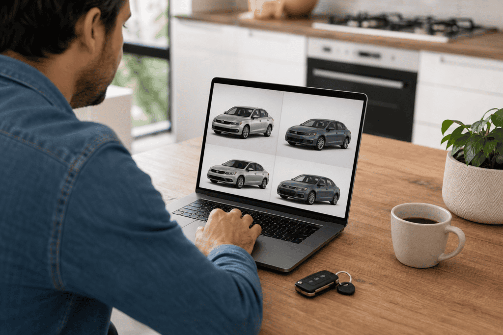 Car shopper comparing vehicles on a laptop at home