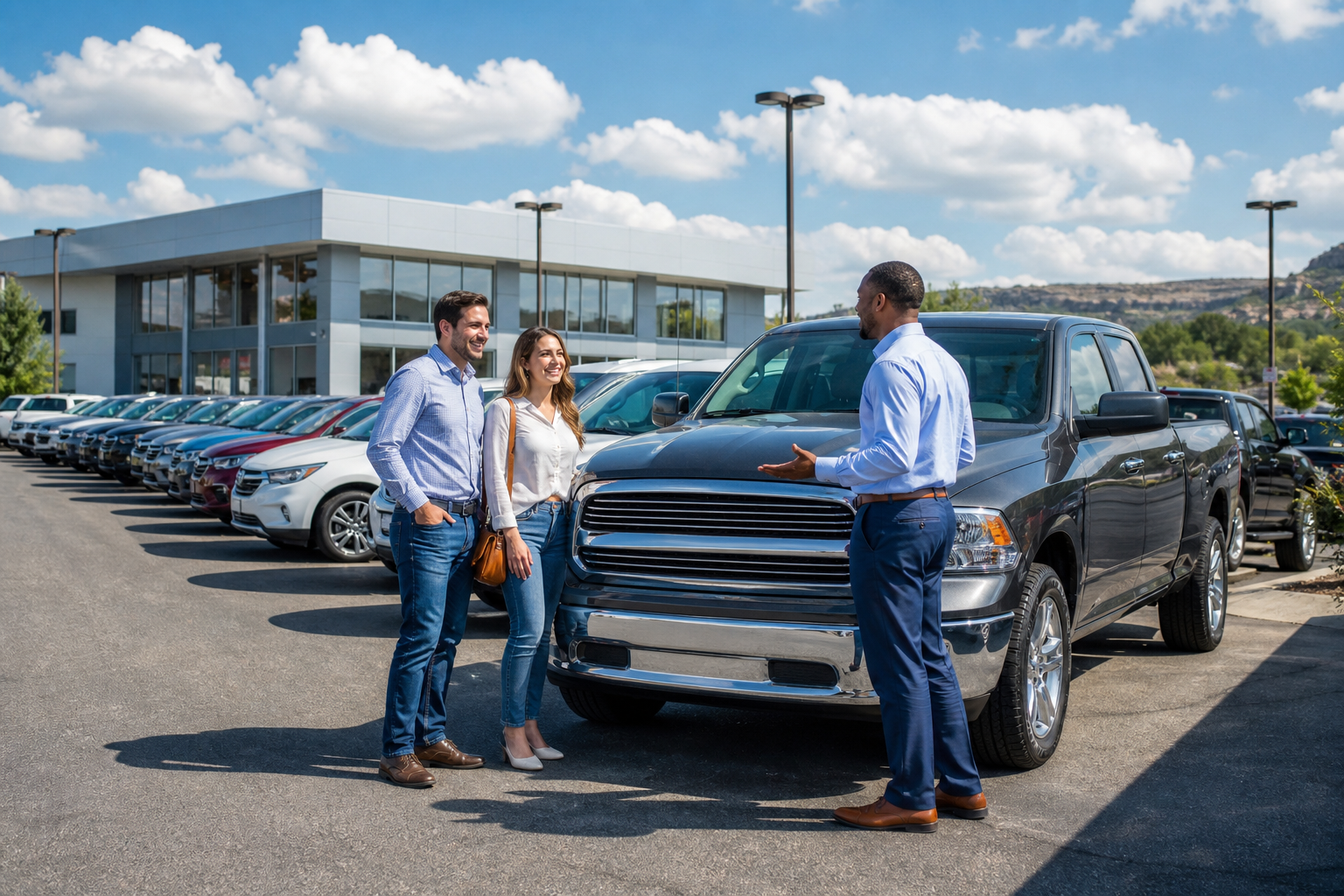 Dealership salesperson greeting buyers on a sunny car lot in 2026
