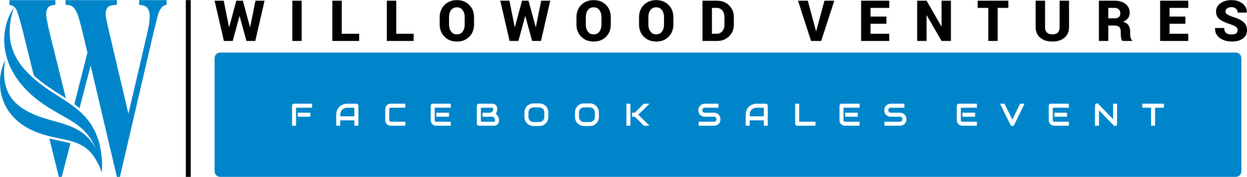 Blue banner with stylized Willowood Ventures W logo left, bold modern text promoting Facebook Automotive Sales Event on right.