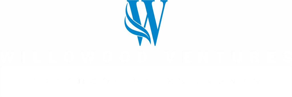 Blue stylized W logo with leaf elements, designed in Elementor; faint white text below reads Willowood Ventures – Automotive Events & Services. Elite Car Sales Leads