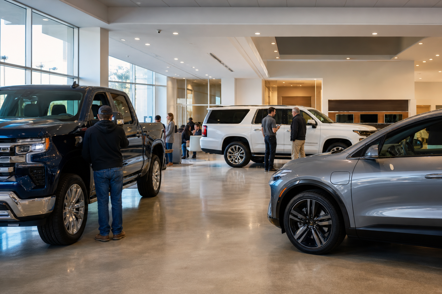 GM dealership showroom floor with truck, SUV, and electric vehicle displayed