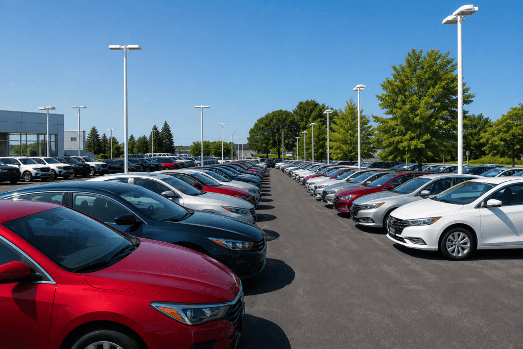 Rows of vehicles on a clean car dealership lot