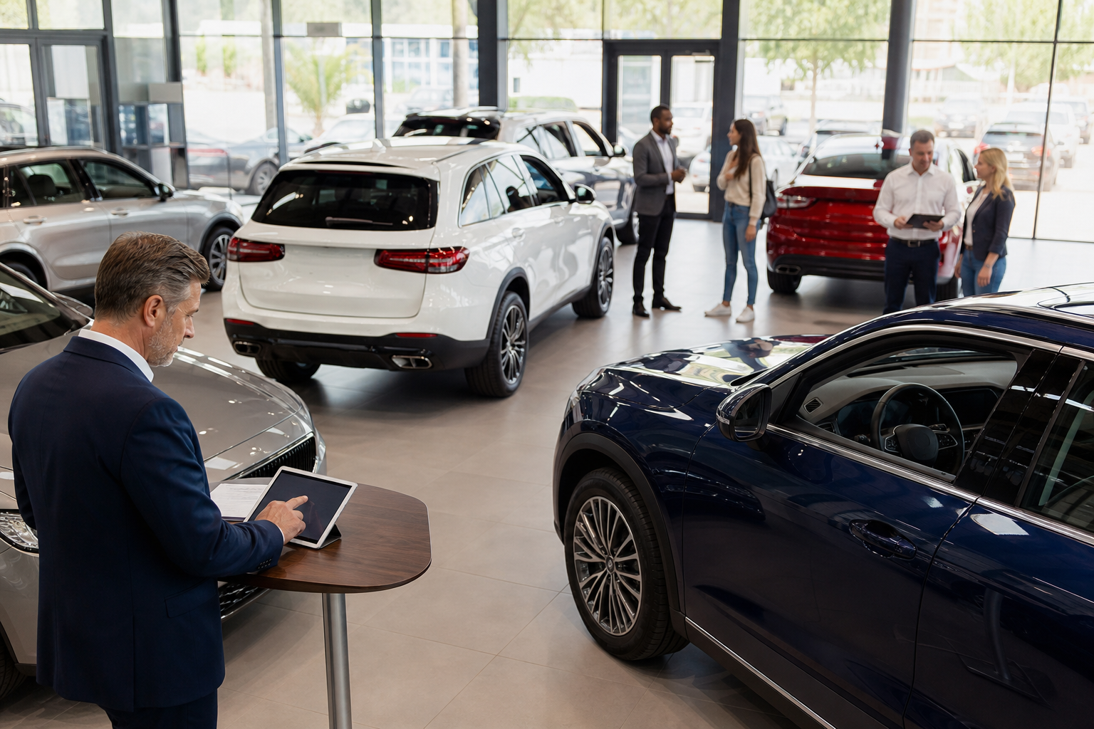 Modern car dealership showroom floor with sales team and new vehicles