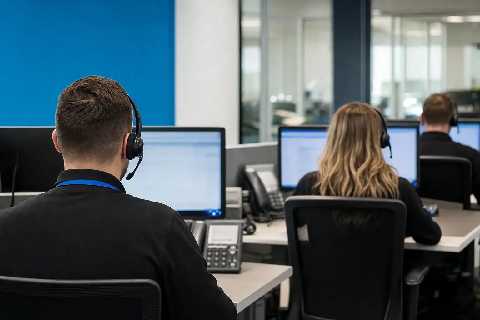Team wearing headsets providing automotive BDC services for dealership lead response and appointment setting