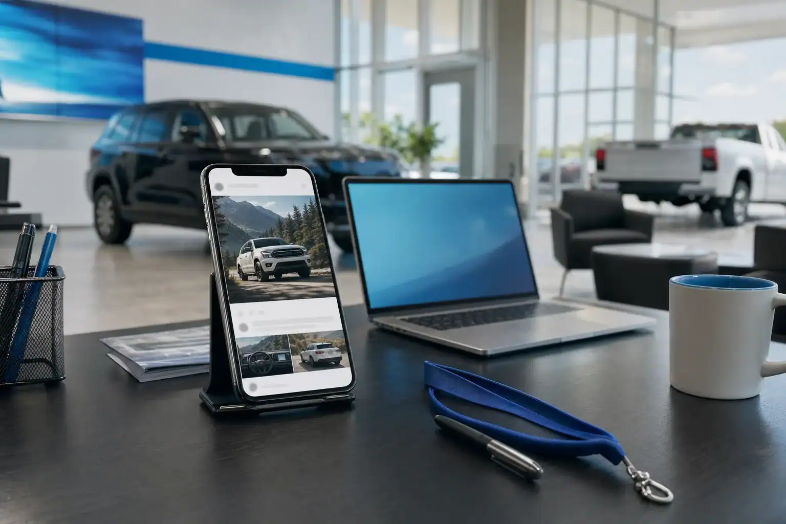 Automotive social media marketing promotion showing a Jeep ad on a mobile device