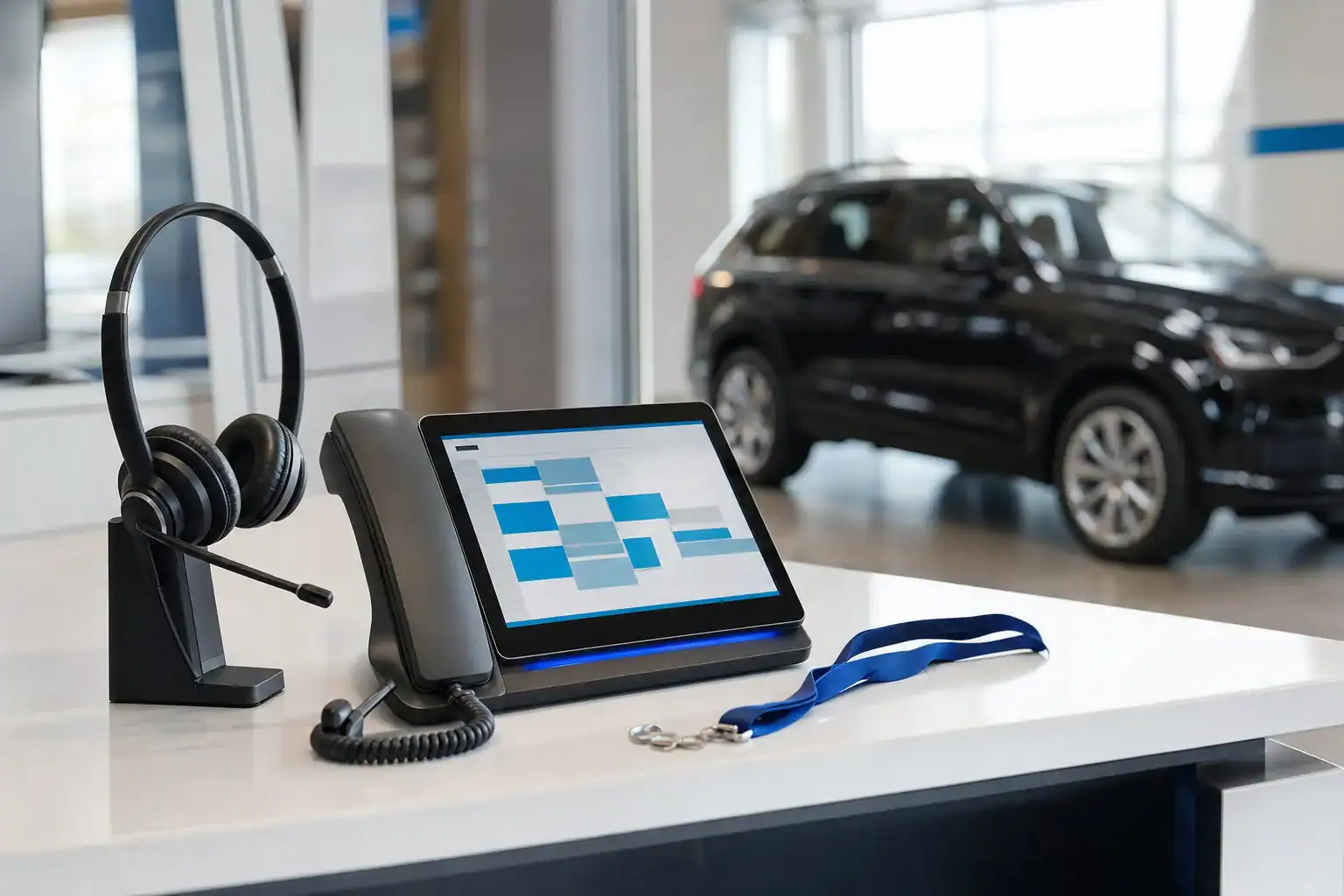 A Buick dealership representative helping a customer, illustrating the showroom goal of car sales leads