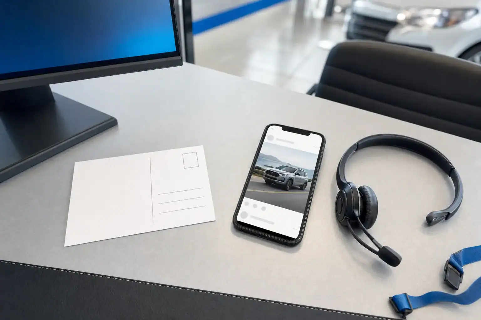 Dealership showroom illustrating direct mail vs facebook ads for car dealerships and the goal of more showroom visits
