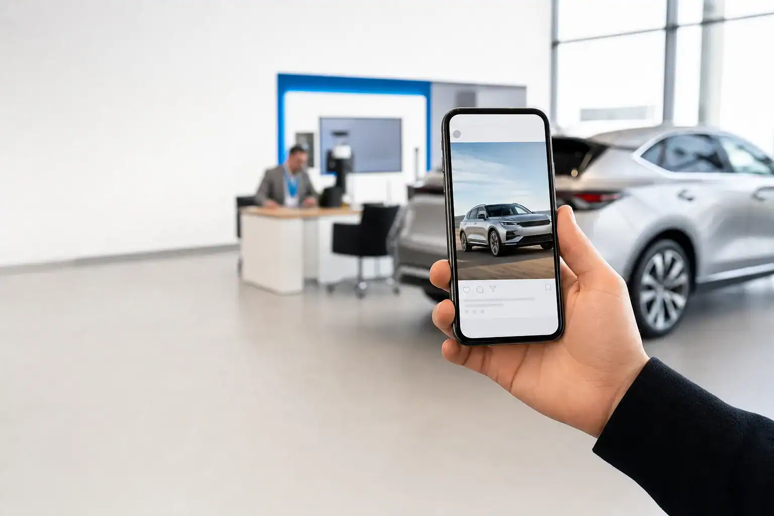 Facebook ads for car dealers displayed on a shopper's smartphone inside a dealership showroom