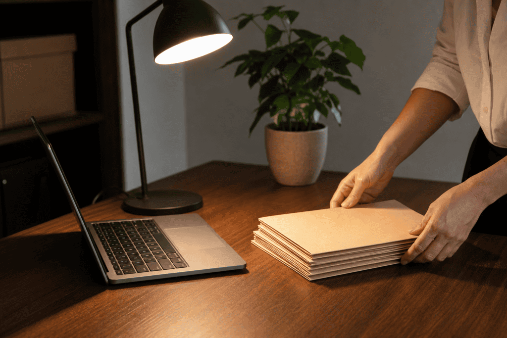Hands organizing folders on a tidy office desk
