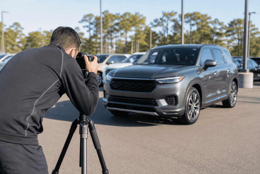 Professional automotive photographer shooting dealership inventory SUV on sunny lot
