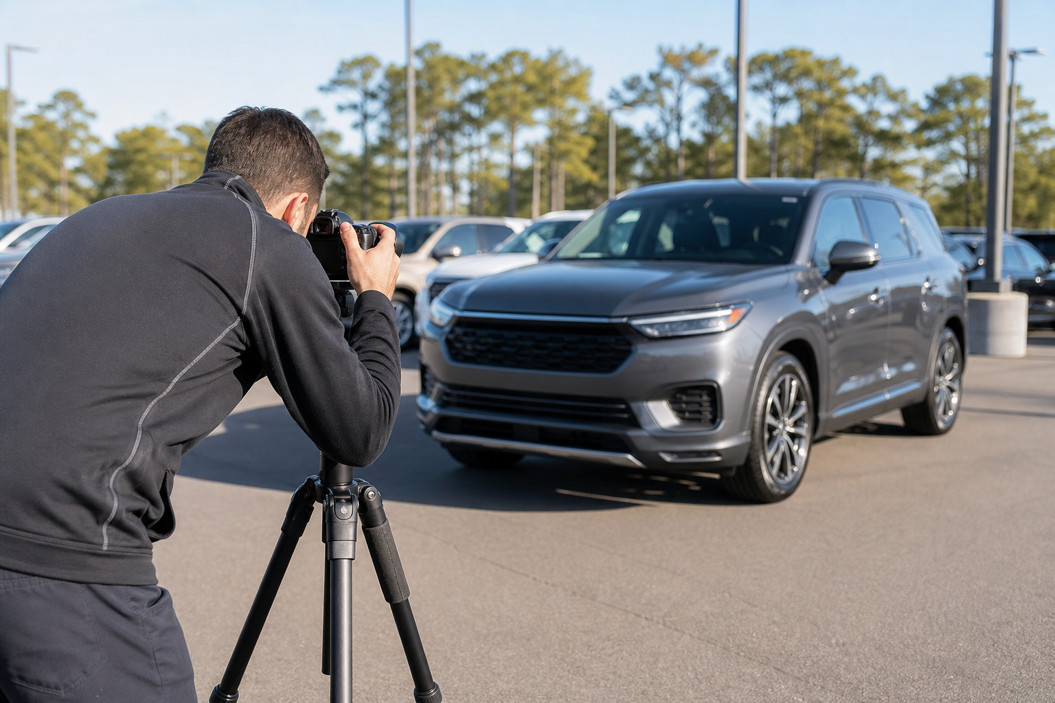 Professional automotive photographer shooting dealership inventory SUV on sunny lot