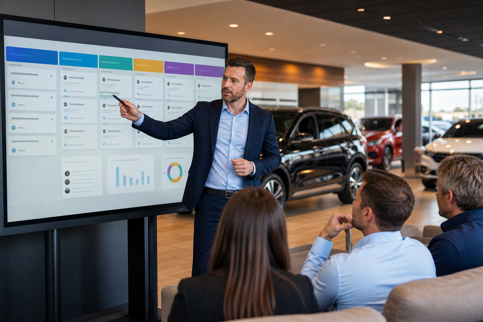 Dealership sales manager reviewing an automotive sales pipeline on a touchscreen display