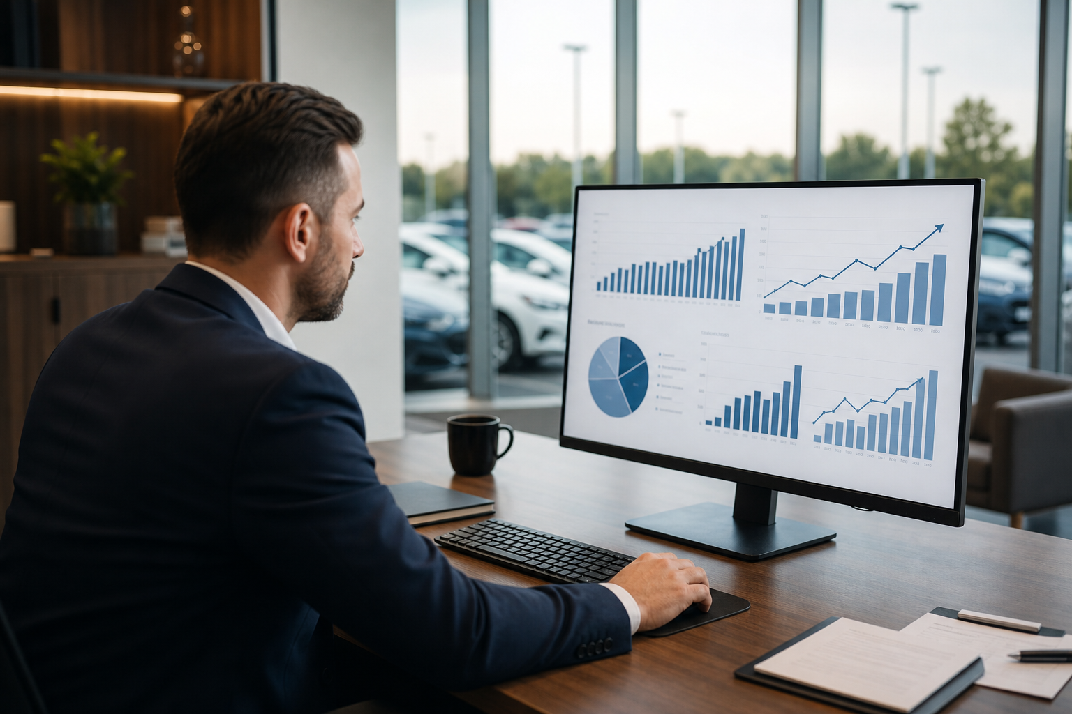 Dealership finance manager reviewing marketing ROI analytics on monitor in 2026