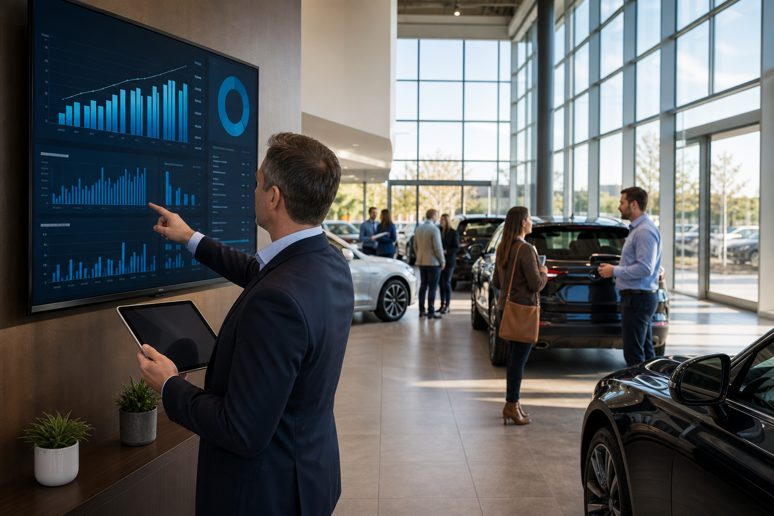 Dealership sales manager reviewing ROI performance metrics on a digital dashboard in 2026