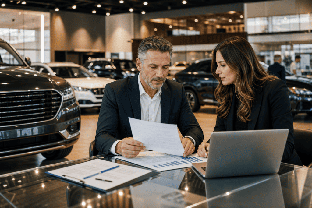 Dealership sales manager reviewing automotive advertising campaign results with consultant in 2026
