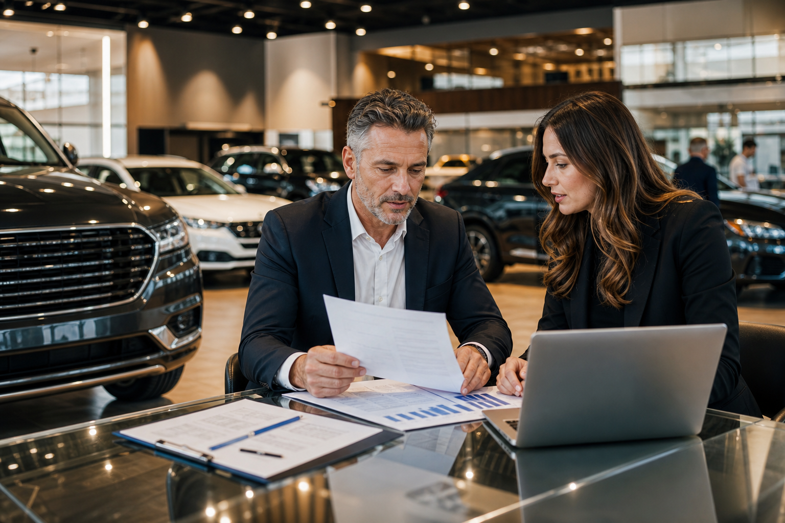 Dealership sales manager reviewing automotive advertising campaign results with consultant in 2026