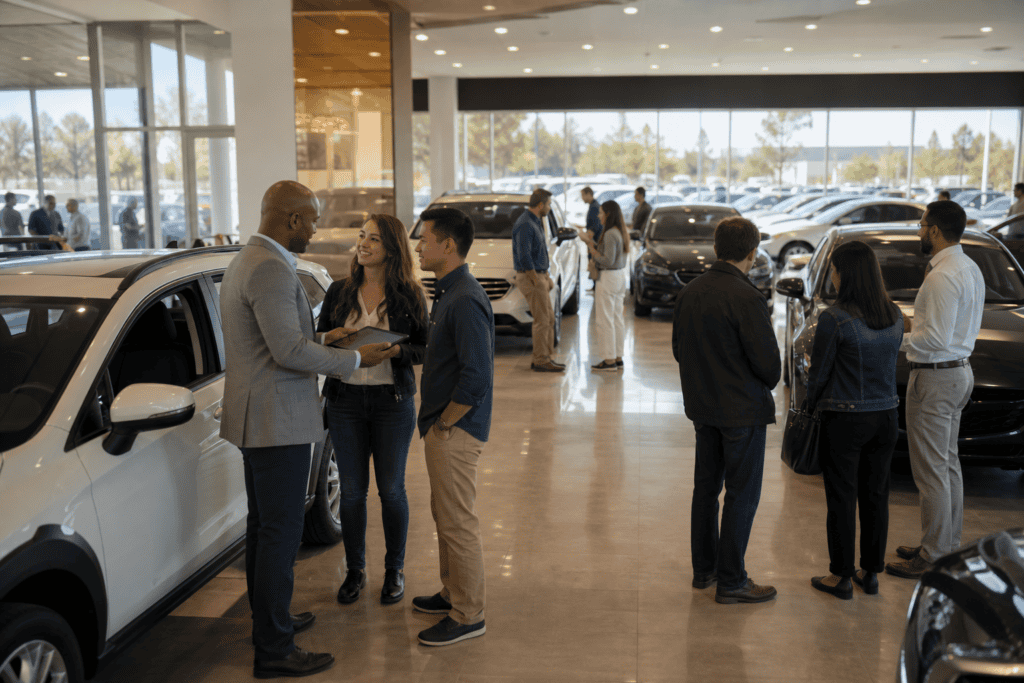 Busy car dealership showroom floor during an active sales event with customers
