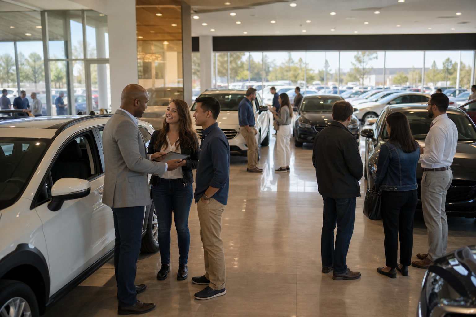 Busy car dealership showroom floor during an active sales event with customers