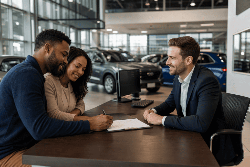 Dealership salesperson handling a sales objection with a customer couple in 2026