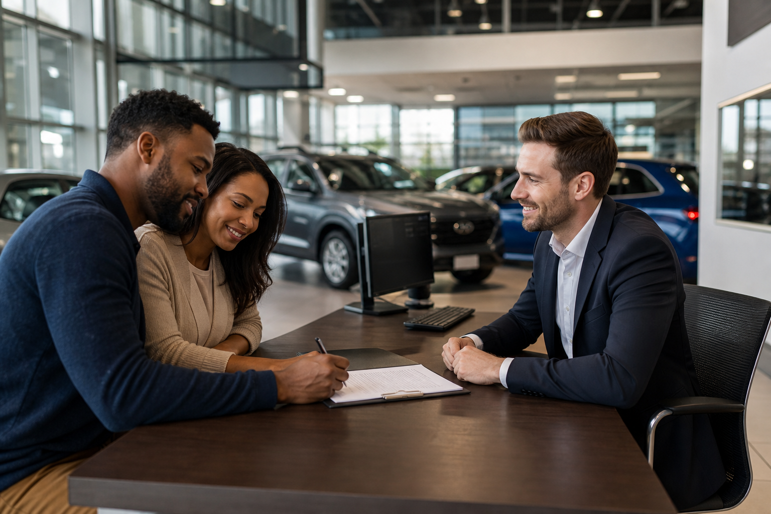 Dealership salesperson handling a sales objection with a customer couple in 2026