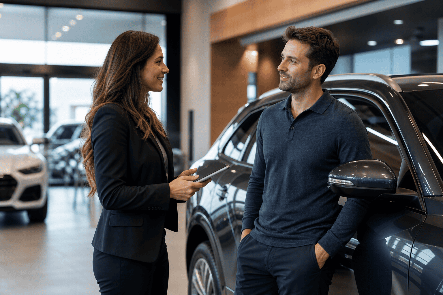 Dealership salesperson building genuine customer engagement with car buyer in showroom