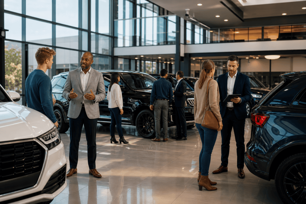 Dealership sales team engaging qualified buyers on a busy showroom floor in 2026