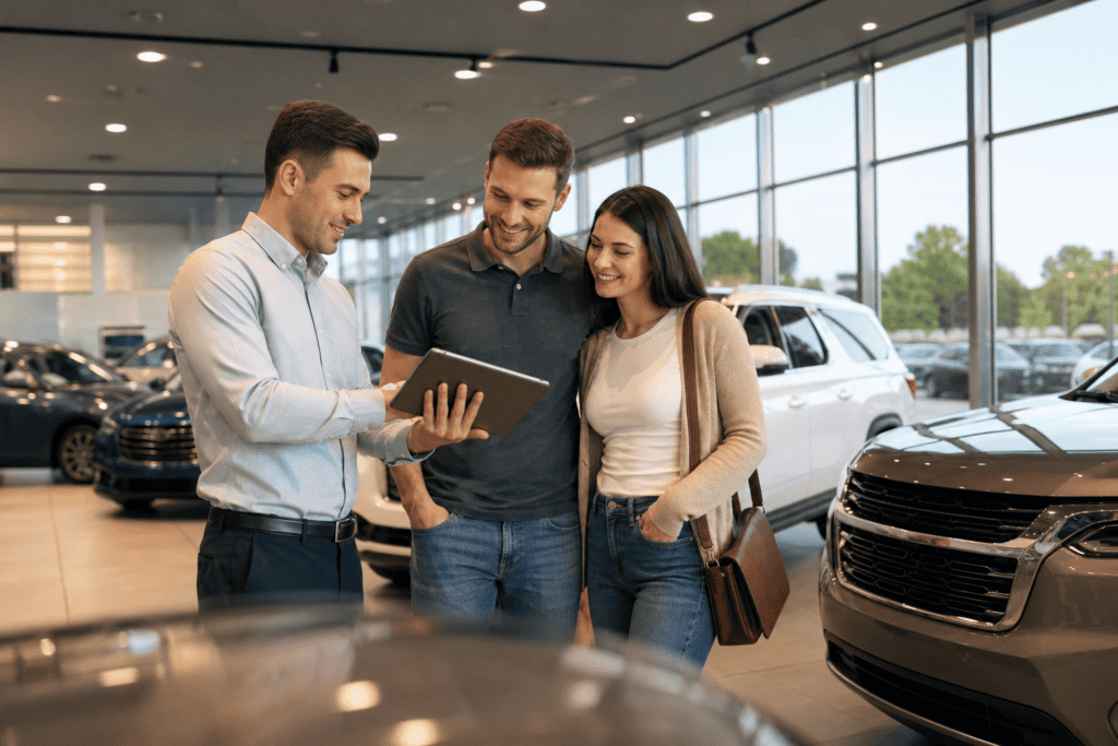 Car dealership salesperson reviewing sales conversion data on tablet with customers