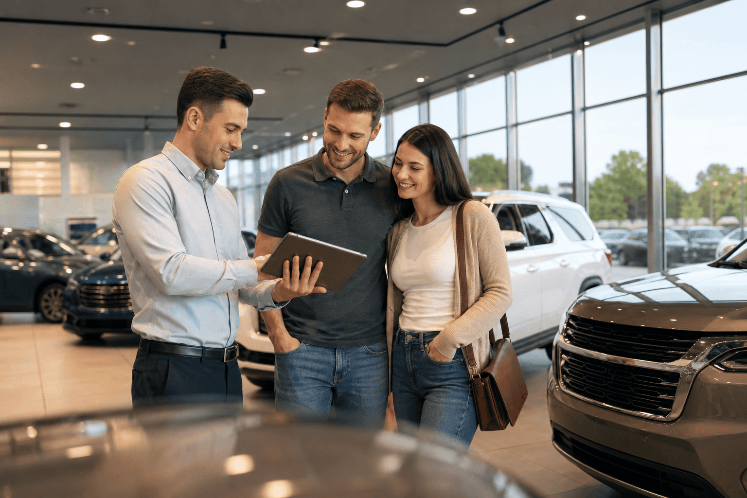 Car dealership salesperson reviewing sales conversion data on tablet with customers