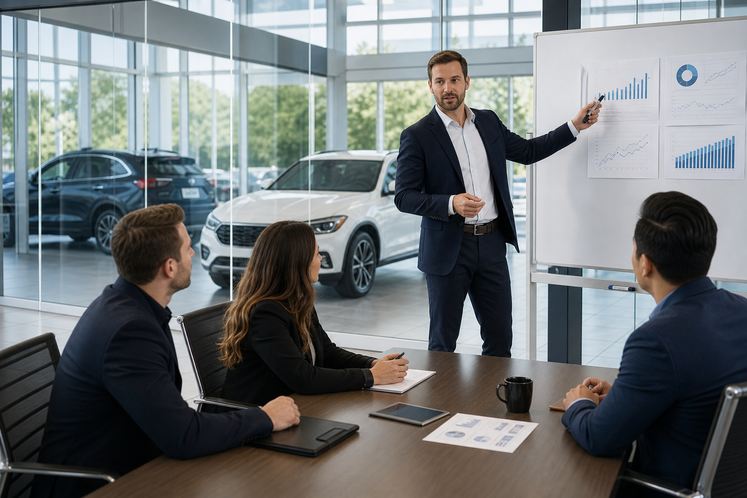 Sales manager coaching dealership sales team around a conference table