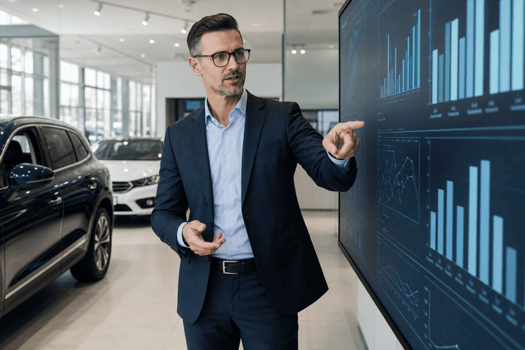 Dealership sales manager reviewing advertising effectiveness metrics on a digital dashboard in 2026