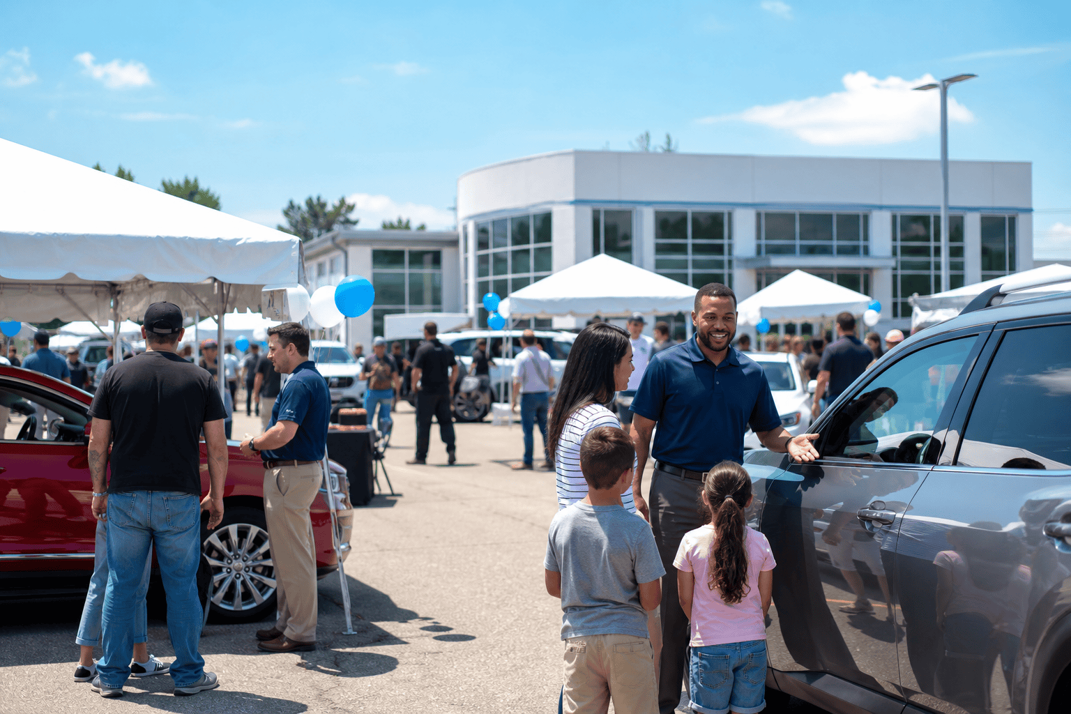 Customers and sales staff at a busy automotive dealership event outdoors