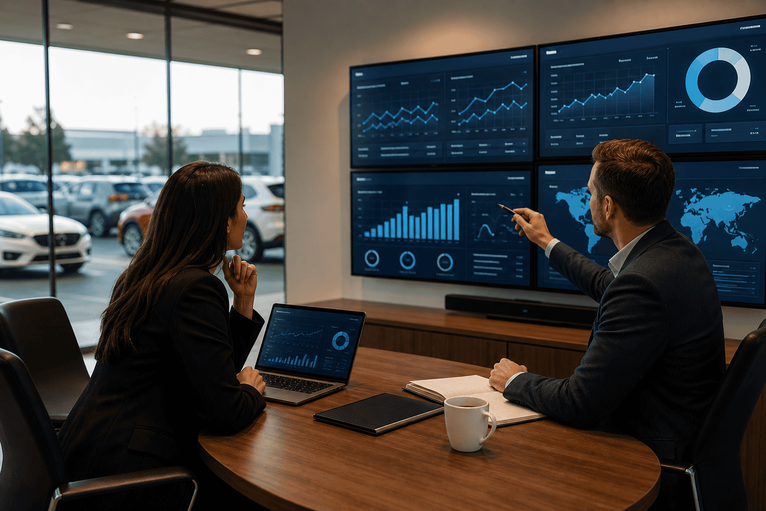 Dealership marketing team reviewing campaign performance metrics on dashboard monitors