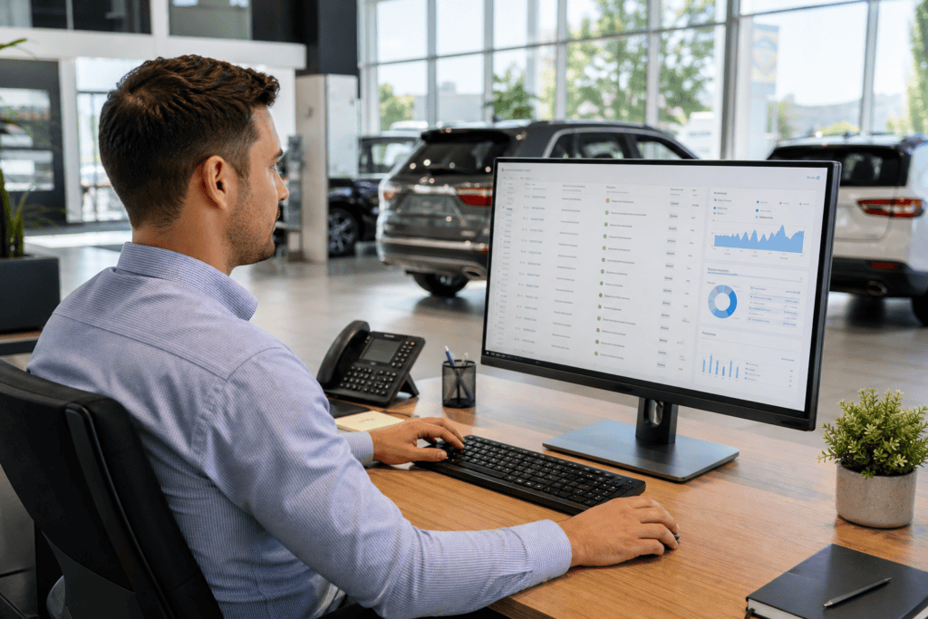 BDC specialist reviewing automotive lead qualification data at dealership workstation
