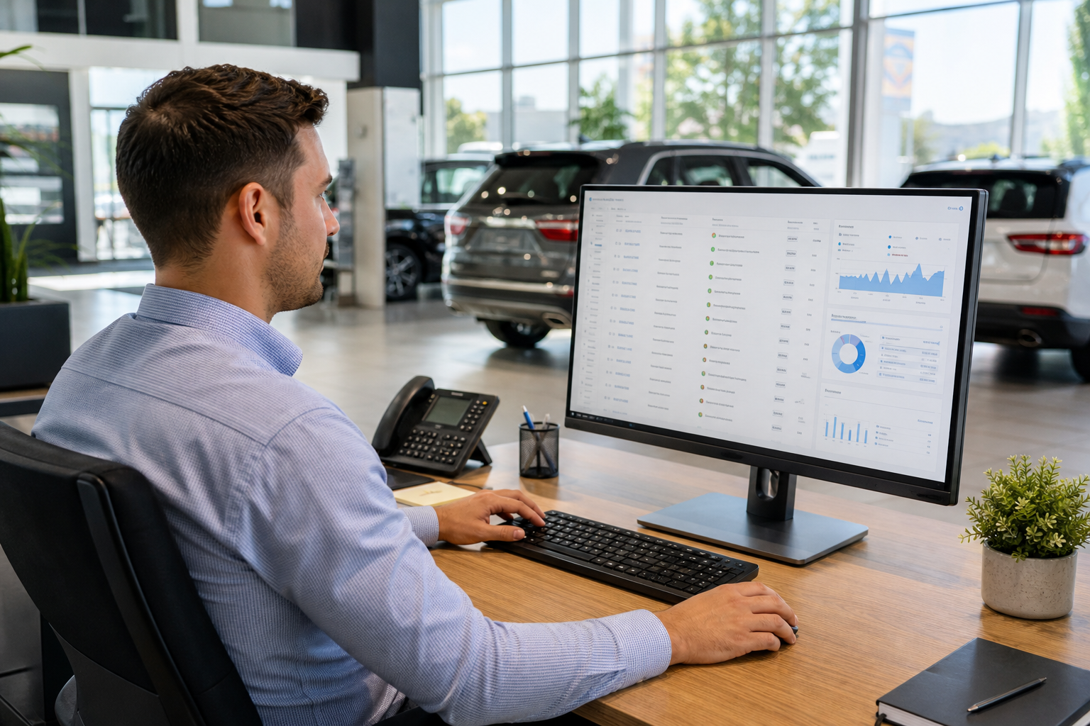 BDC specialist reviewing automotive lead qualification data at dealership workstation