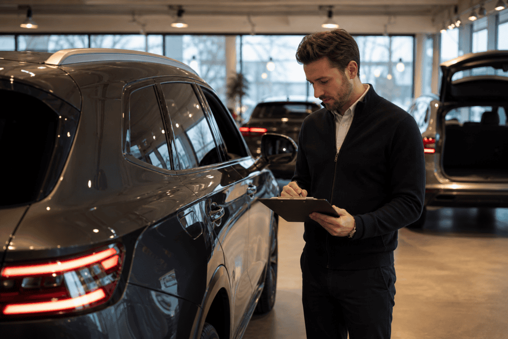Dealership salesperson reviewing appointment schedule inside a modern showroom