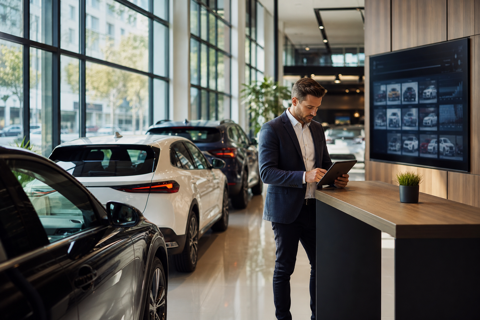 Modern car dealership showroom with digital inventory display and sales consultant