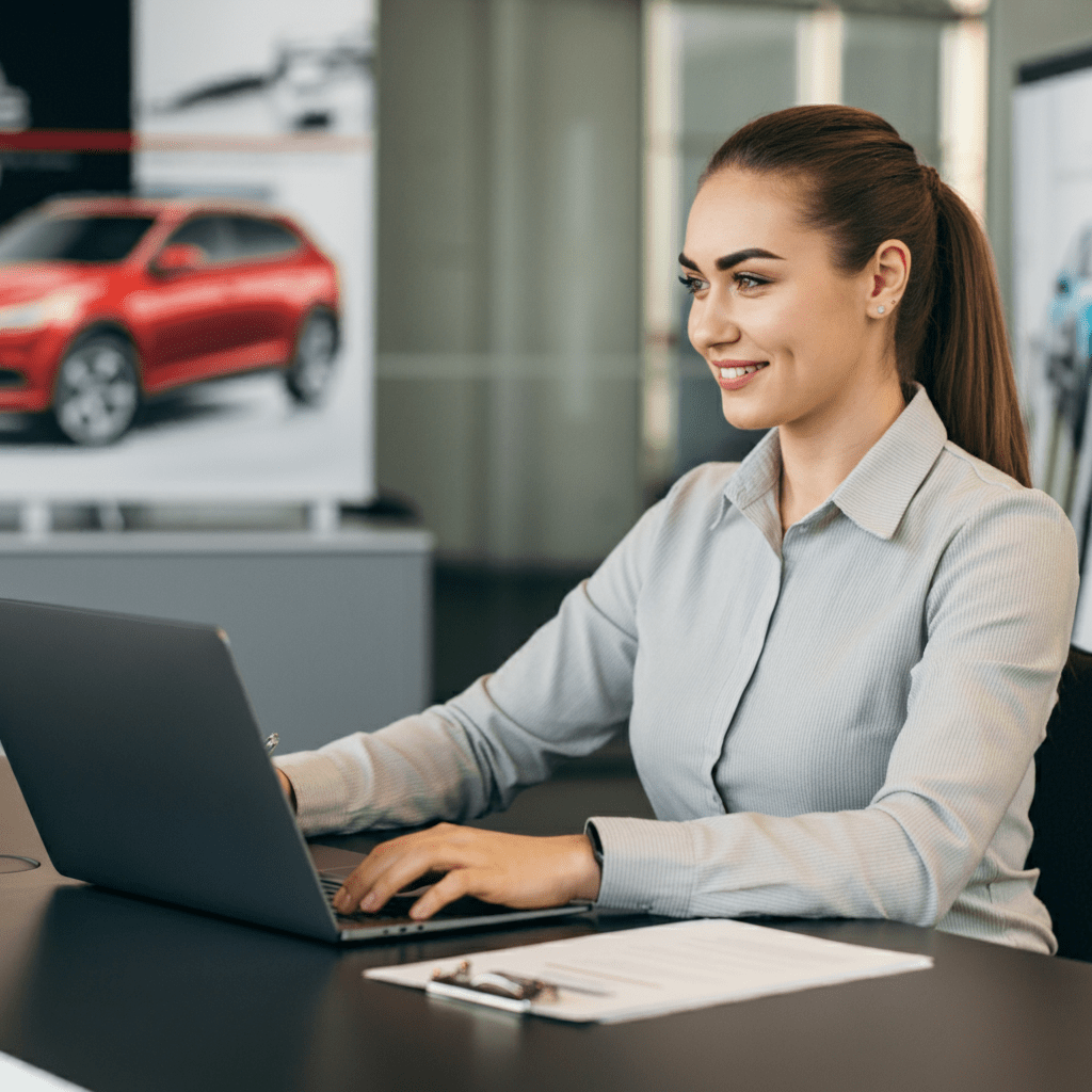 Woman with ponytail works on laptop at desk in a modern automotive office, with blurred car posters in the background, representing Willowood Ventures automotive marketing environment.