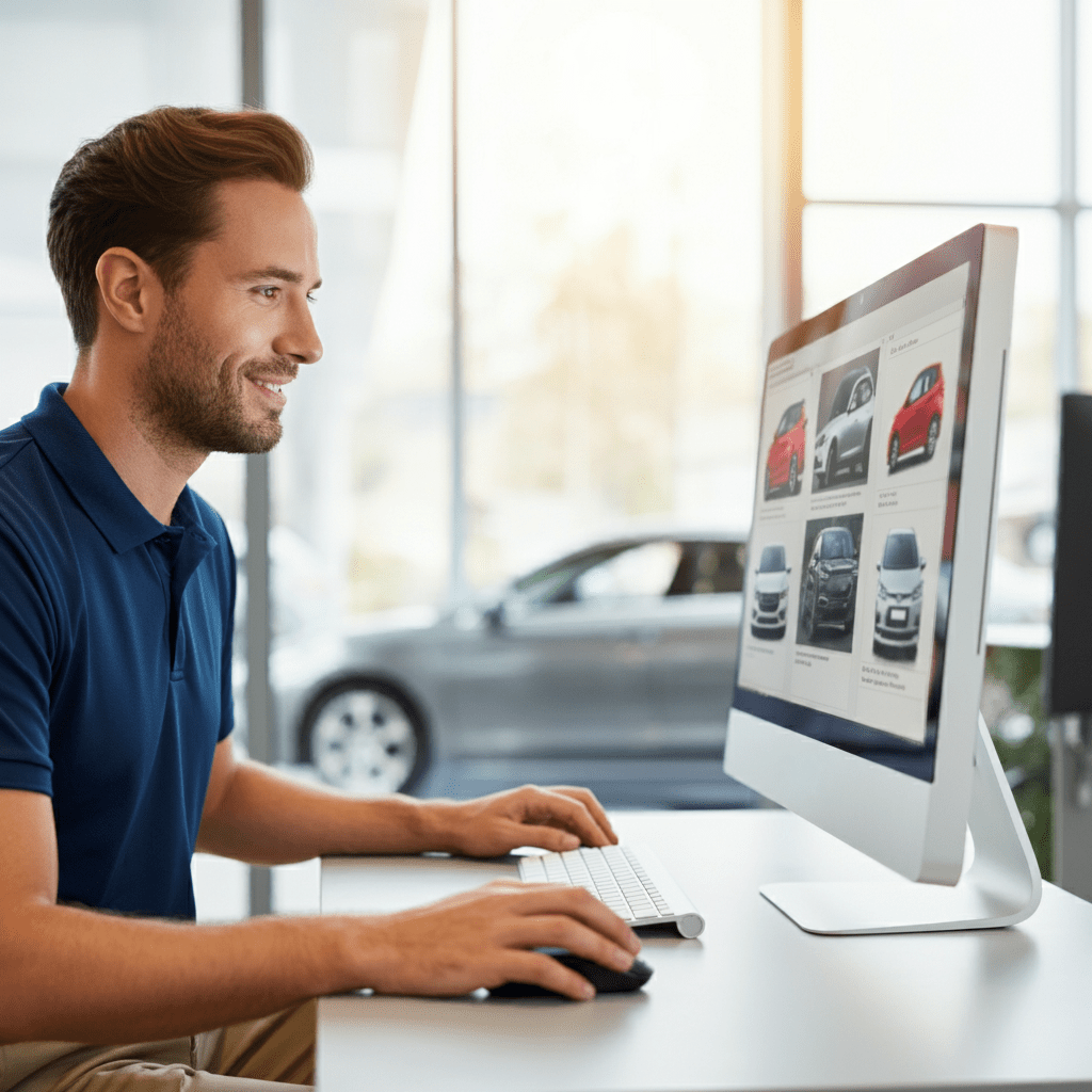 Man in blue polo shirt smiling at desk while browsing an automotive advertising website on desktop computer in a bright, modern office, representing Willowood Ventures digital automotive marketing services.