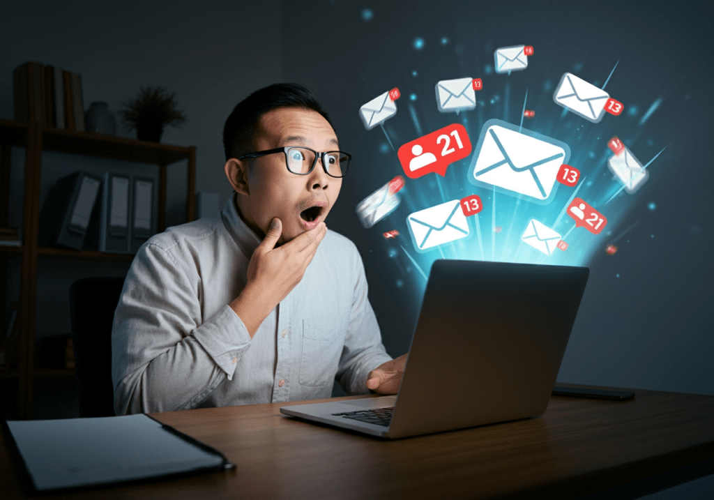 A man wearing glasses sits at a desk with a laptop, looking surprised as glowing email lead notifications appear above the screen—highlighting Willowood Ventures Internet Lead Secrets for high-volume automotive lead generation.