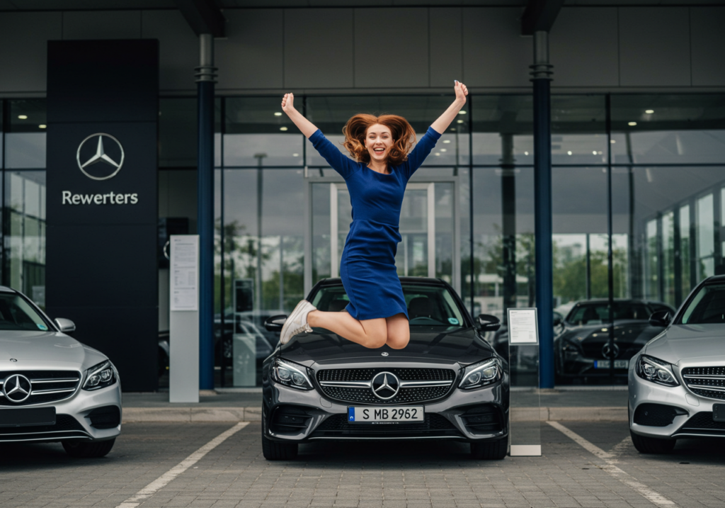 A woman in a blue dress jumps excitedly in front of a black Mercedes-Benz parked at a car dealership, with other vehicles and the showroom visible—highlighting luxury car sales for Willowood Ventures’ automotive marketing.