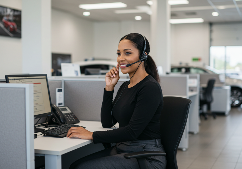 Auto dealership marketing professional wearing a headset at her desk, smiling while assisting clients by phone and computer; dealership showroom and cars visible in background.