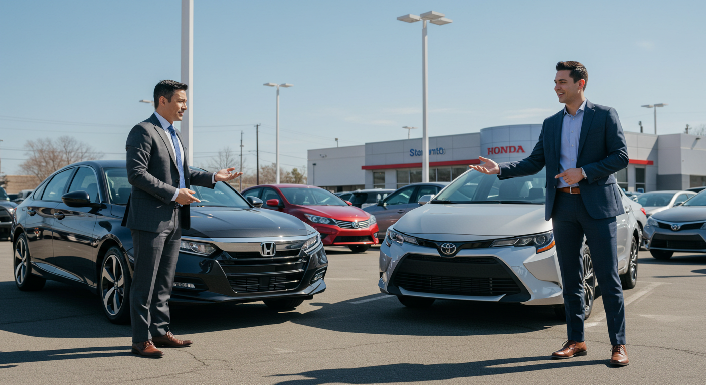 Two men in business attire discuss conquest advertising strategies beside a black Honda and silver Toyota in a dealership lot, with rows of vehicles and the Honda showroom visible—highlighting competitive automotive marketing opportunities for Willowood Ventures.