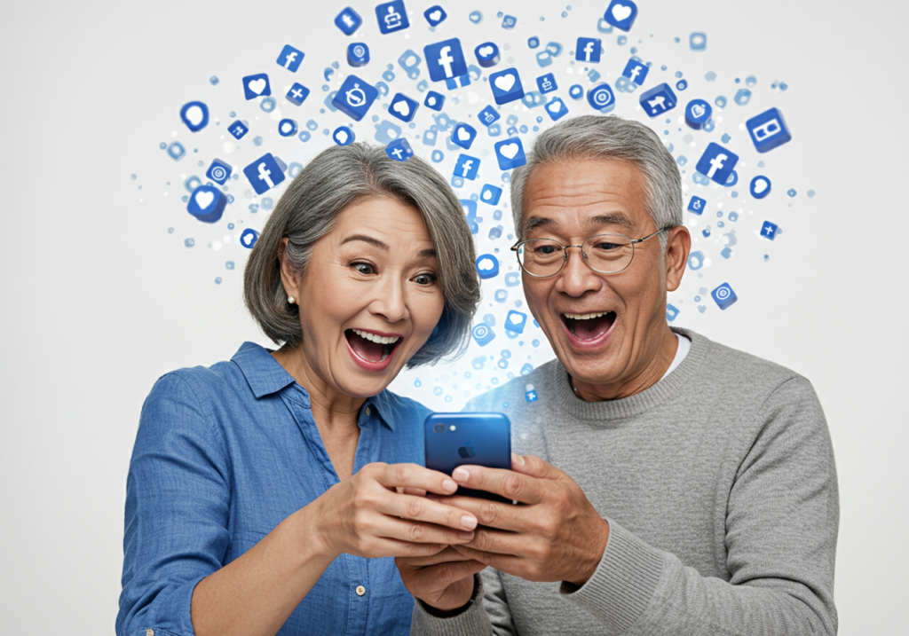 Smiling older couple engages with a smartphone, surrounded by automotive-themed social media icons, illustrating Willowood Ventures’ dynamic digital marketing for the auto industry.