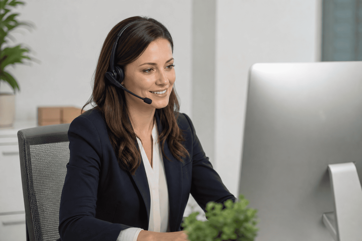 BDC representative working leads at a desk with a headset