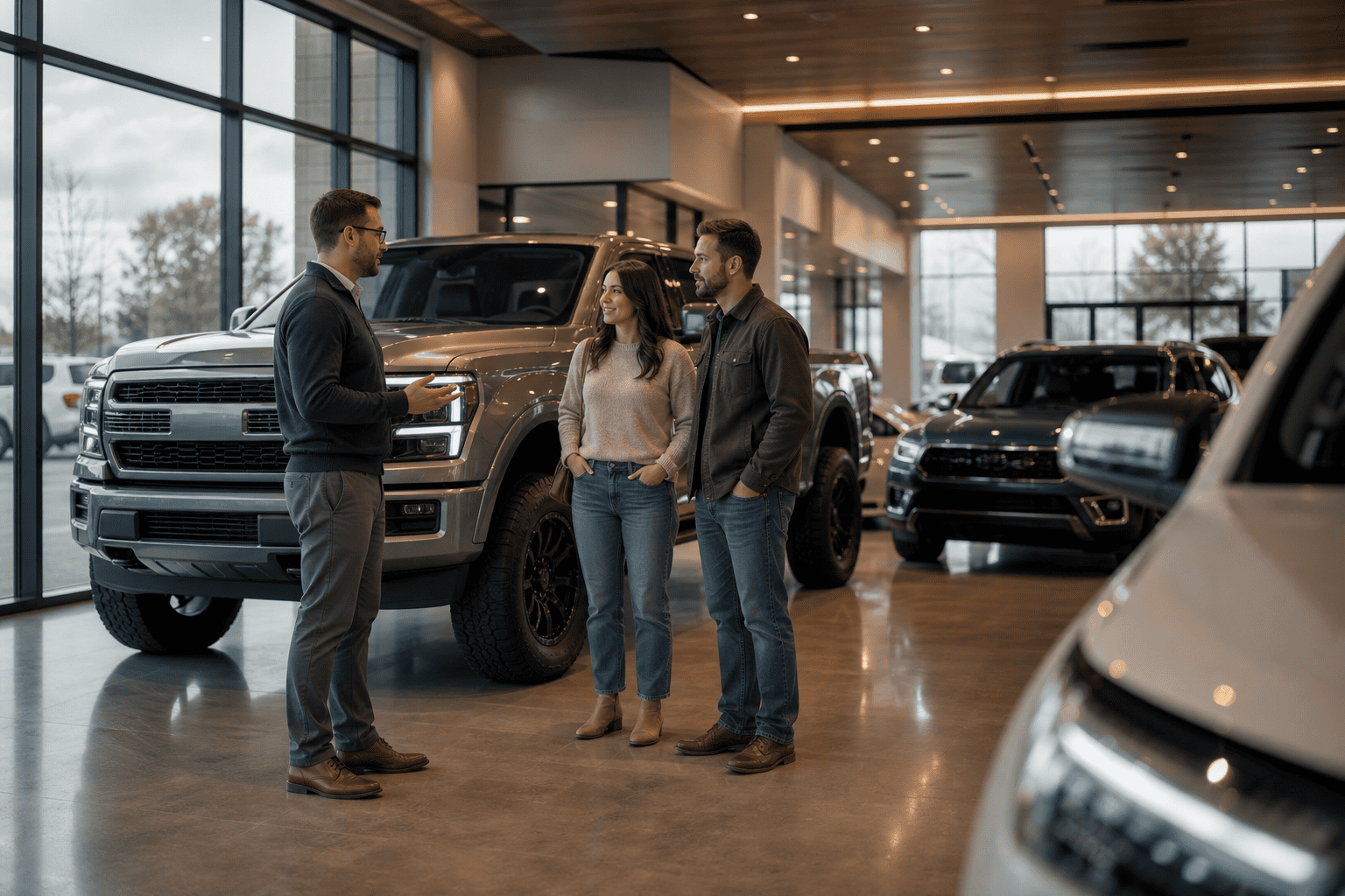 Car dealership showroom floor with salesperson and customers reviewing new vehicles in 2026