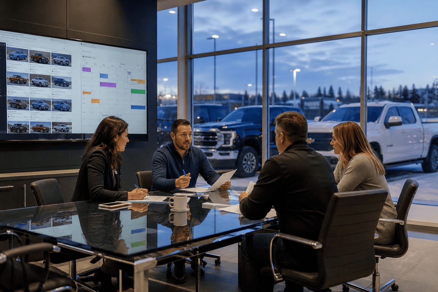 Dealership team planning January sales with snowy lot outside